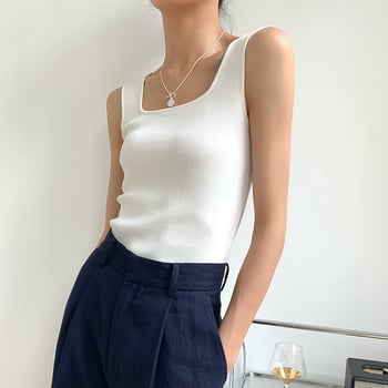 Ženski bezruk pleteni top s kvadratnim izrezom — uski kroj, smjesa viskoze i poliester, proljeće 2025