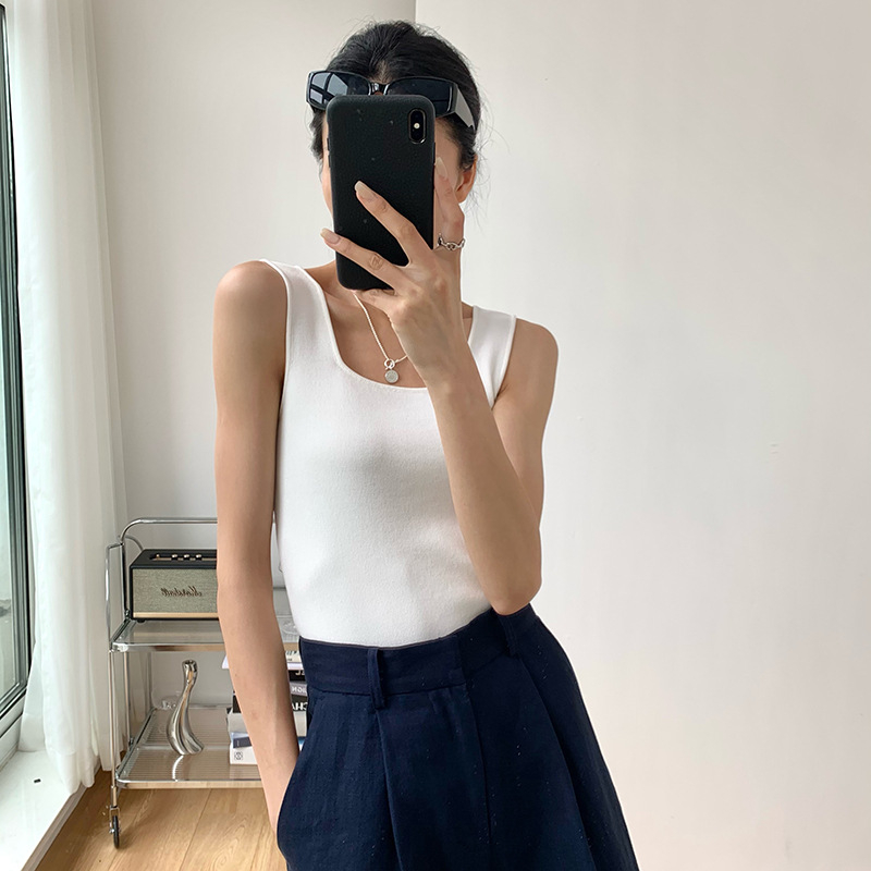 Ženski bezruk pleteni top s kvadratnim izrezom — uski kroj, smjesa viskoze i poliester, proljeće 2025