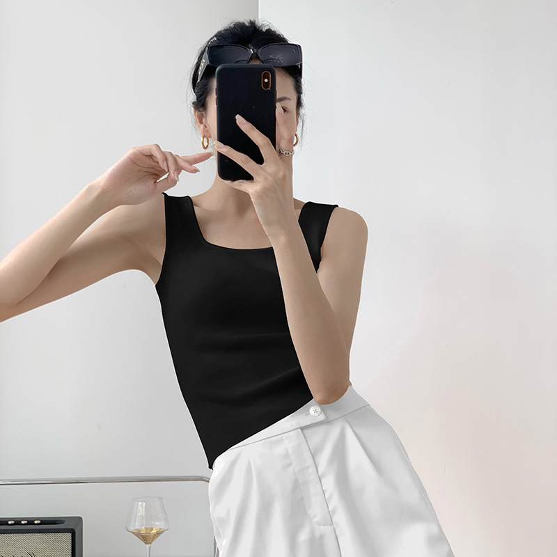 Ženski bezruk pleteni top s kvadratnim izrezom — uski kroj, smjesa viskoze i poliester, proljeće 2025