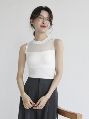 K915 Top fără mâneci din plasă Lyocell, croială Slim fit, stil pulover pentru navetă, 90–95% Tencel Lyocell + <30% Spandex, lungime 50–65 cm