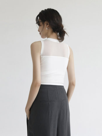 K915 Top fără mâneci din plasă Lyocell, croială Slim fit, stil pulover pentru navetă, 90–95% Tencel Lyocell + <30% Spandex, lungime 50–65 cm