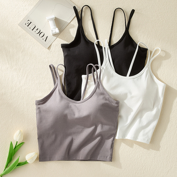 Camisolă cu bretele duble, stil coreean, guler rotund, bureți de sâni încorporați cu pernă de aer, material Lyocell 30–50%