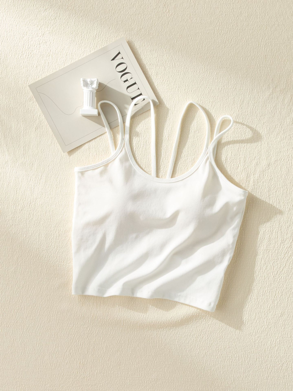 Camisolă cu bretele duble, stil coreean, guler rotund, bureți de sâni încorporați cu pernă de aer, material Lyocell 30–50%