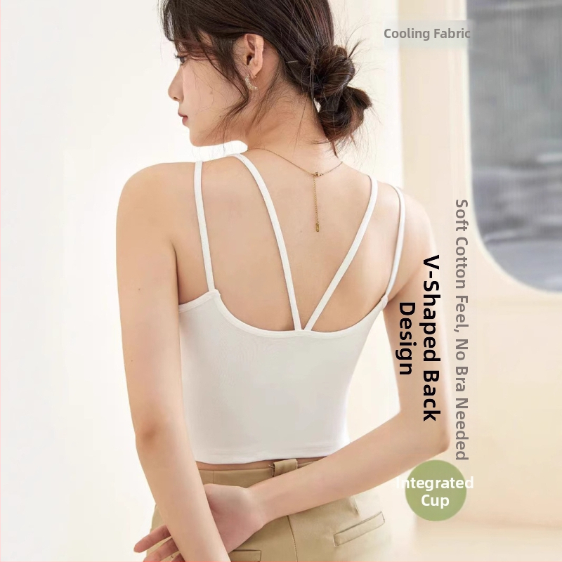 Camisolă cu bretele duble, stil coreean, guler rotund, bureți de sâni încorporați cu pernă de aer, material Lyocell 30–50%