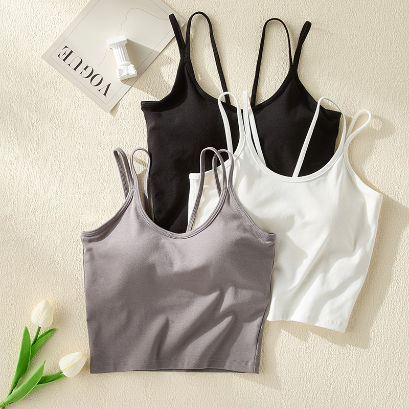 Camisolă cu bretele duble, stil coreean, guler rotund, bureți de sâni încorporați cu pernă de aer, material Lyocell 30–50%