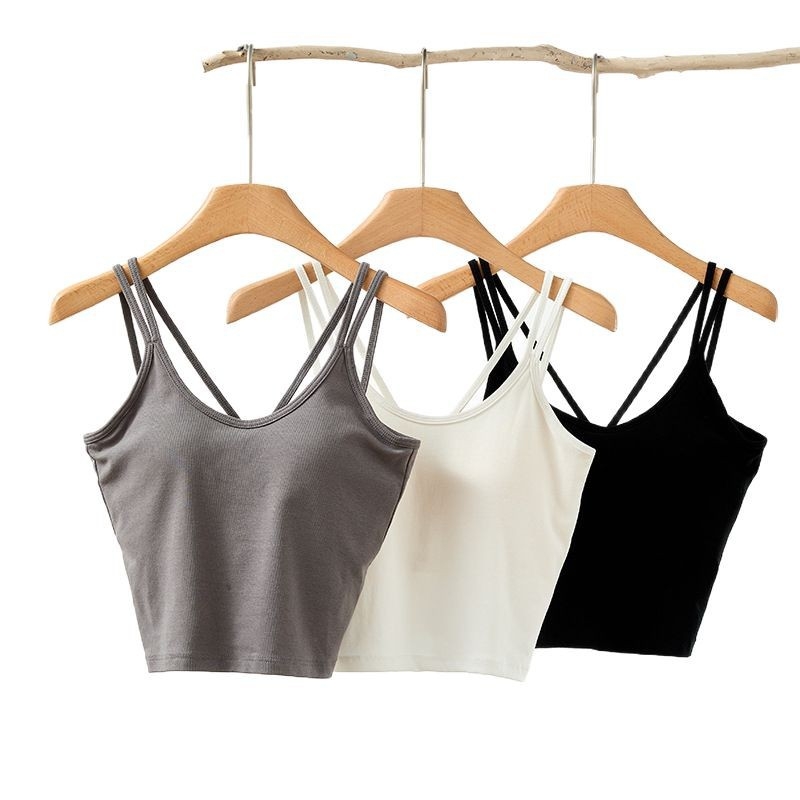 Camisolă cu bretele duble, stil coreean, guler rotund, bureți de sâni încorporați cu pernă de aer, material Lyocell 30–50%