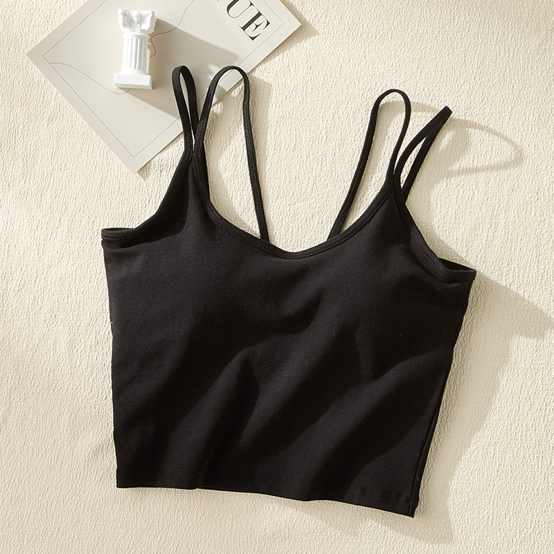 Camisolă cu bretele duble, stil coreean, guler rotund, bureți de sâni încorporați cu pernă de aer, material Lyocell 30–50%