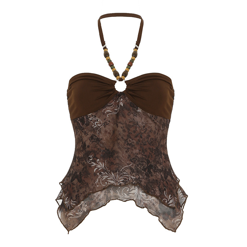 Halter top s perlicama, mrežasti panel, nepravilan rub, retro street hipster stil, uska silueta, viskoza