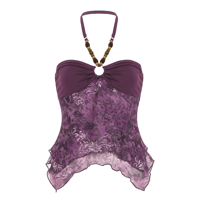 Halter top s perlicama, mrežasti panel, nepravilan rub, retro street hipster stil, uska silueta, viskoza