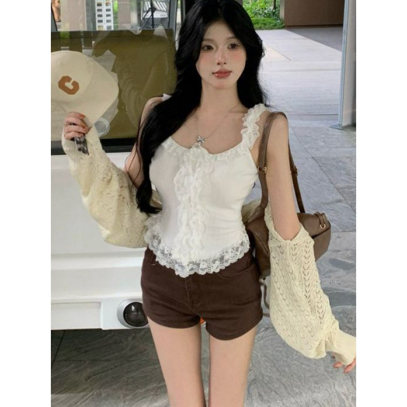 Camisolă dantelată fără mâneci, bretele cu șnur, croială Slim-Fit, material Ice Silk, 30–50% Spandex, lungime 50–65 cm, vară 2025