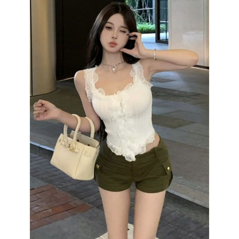 Camisolă dantelată fără mâneci, bretele cu șnur, croială Slim-Fit, material Ice Silk, 30–50% Spandex, lungime 50–65 cm, vară 2025