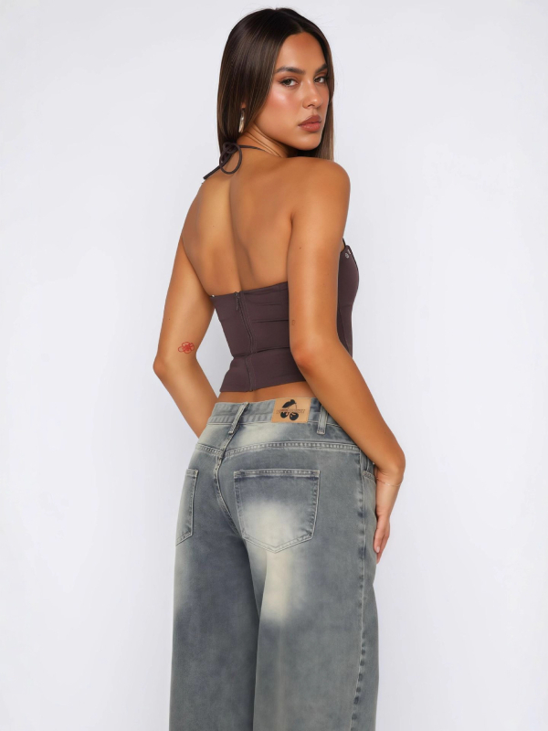 Top cu bretele și spate deschis, Slim Fit, lungime scurtă 40–50 cm, poliester 80–90% cu elastan <30%