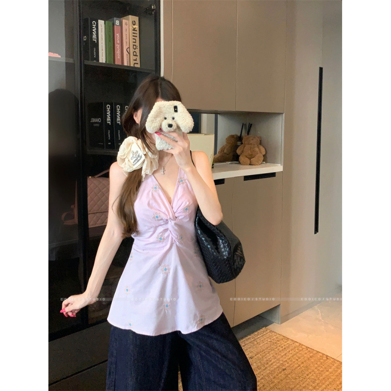 Top camisole cu bretele cu șnur, decolteu în V, broderie, talie înaltă, stil urban pentru femei