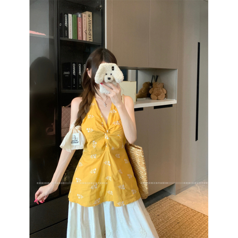 Top camisole cu bretele cu șnur, decolteu în V, broderie, talie înaltă, stil urban pentru femei