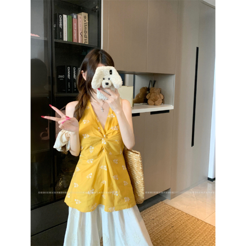 Top camisole cu bretele cu șnur, decolteu în V, broderie, talie înaltă, stil urban pentru femei