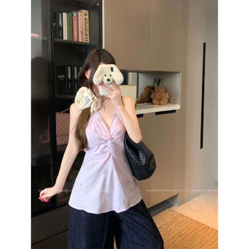 Top camisole cu bretele cu șnur, decolteu în V, broderie, talie înaltă, stil urban pentru femei