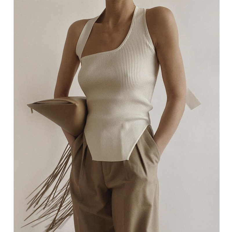 Top tricotat din viscose cu bretele diagonale, croială slim, bretele detașabile