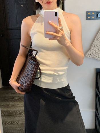 Top fără mâneci, croială Slim, tricot elegant, cu panglică la spate, Tencel, model geometric