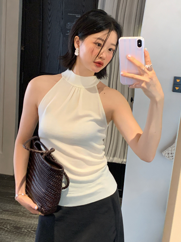 Top fără mâneci, croială Slim, tricot elegant, cu panglică la spate, Tencel, model geometric