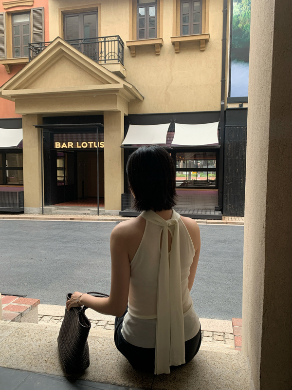 Top fără mâneci, croială Slim, tricot elegant, cu panglică la spate, Tencel, model geometric