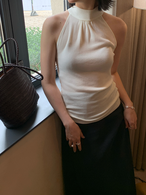 Top fără mâneci, croială Slim, tricot elegant, cu panglică la spate, Tencel, model geometric