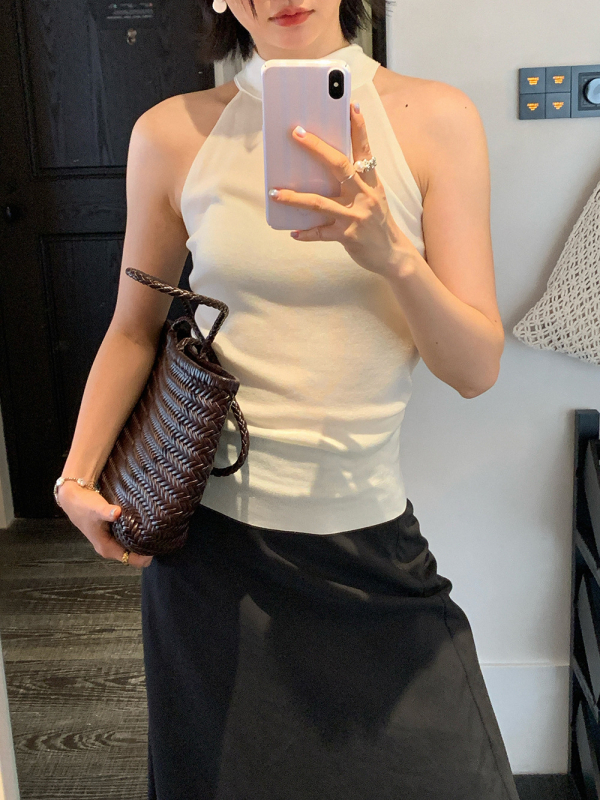 Top fără mâneci, croială Slim, tricot elegant, cu panglică la spate, Tencel, model geometric