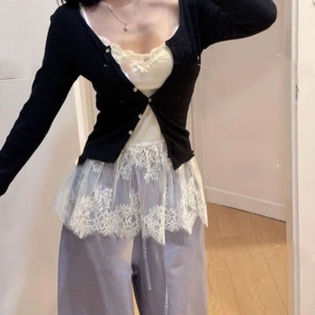 Top din dantelă cu bretele, croială slim, material bumbac 90-95%, model monocrom, stil japonez-coreean casual