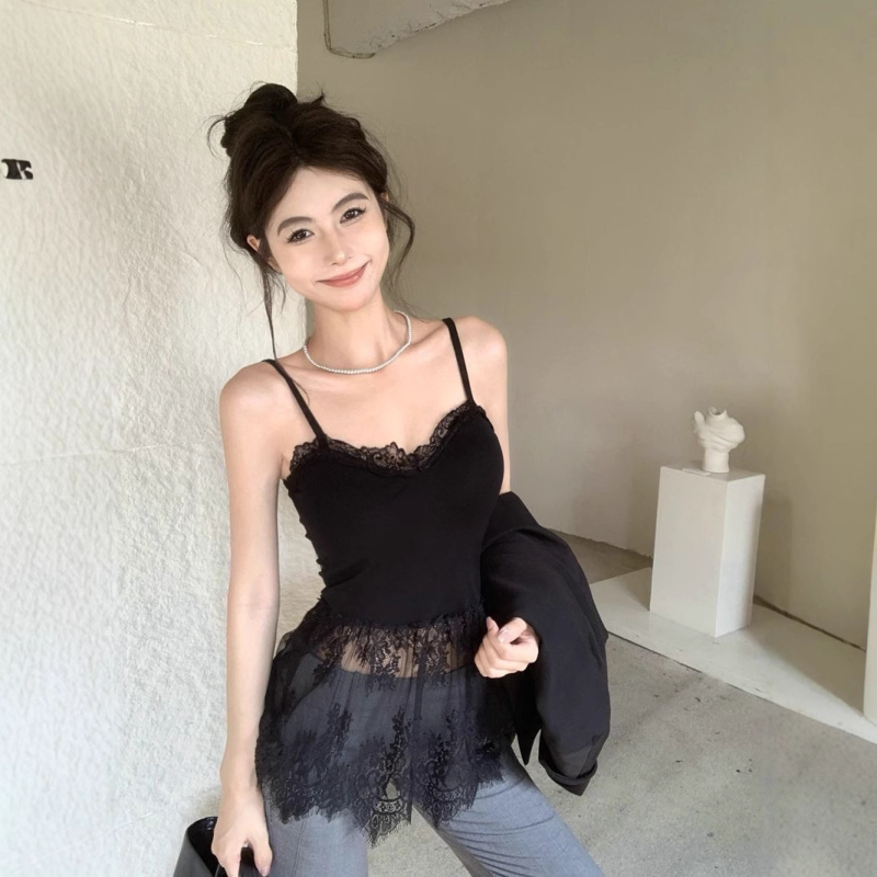 Top din dantelă cu bretele, croială slim, material bumbac 90-95%, model monocrom, stil japonez-coreean casual