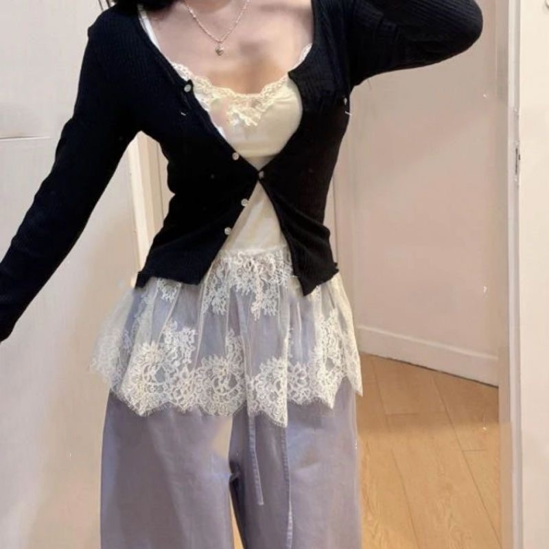 Top din dantelă cu bretele, croială slim, material bumbac 90-95%, model monocrom, stil japonez-coreean casual