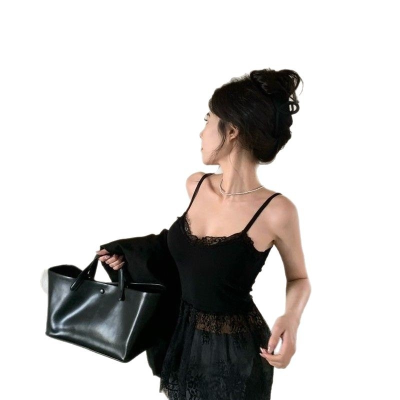 Top din dantelă cu bretele, croială slim, material bumbac 90-95%, model monocrom, stil japonez-coreean casual