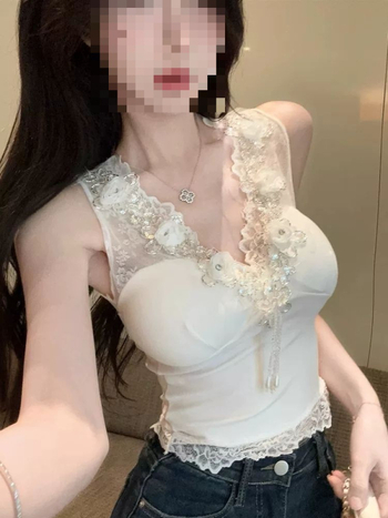 Camisolă din dantelă cu strasuri, fără mâneci, decolteu în V, ultra-scurtă, țesătură plasă cu model 3D, bretele subțiri