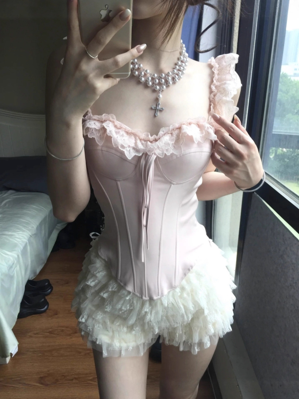 Top din dantelă cu funda, croială Slim, lungime ultra-scurtă ≤40 cm, poliester 95%+, microelastic