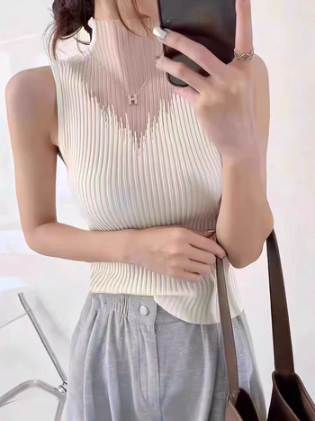 Top fără mâneci pentru femei, talie subțire, croială Slim, top scurt de vară tricotat, viscoză 70–80% (Versiune: Slim fit; Lungime: 50–65 cm; Model: Solid; Sezon: Primăvara 2025)