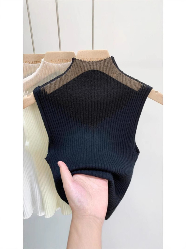 Top fără mâneci pentru femei, talie subțire, croială Slim, top scurt de vară tricotat, viscoză 70–80% (Versiune: Slim fit; Lungime: 50–65 cm; Model: Solid; Sezon: Primăvara 2025)