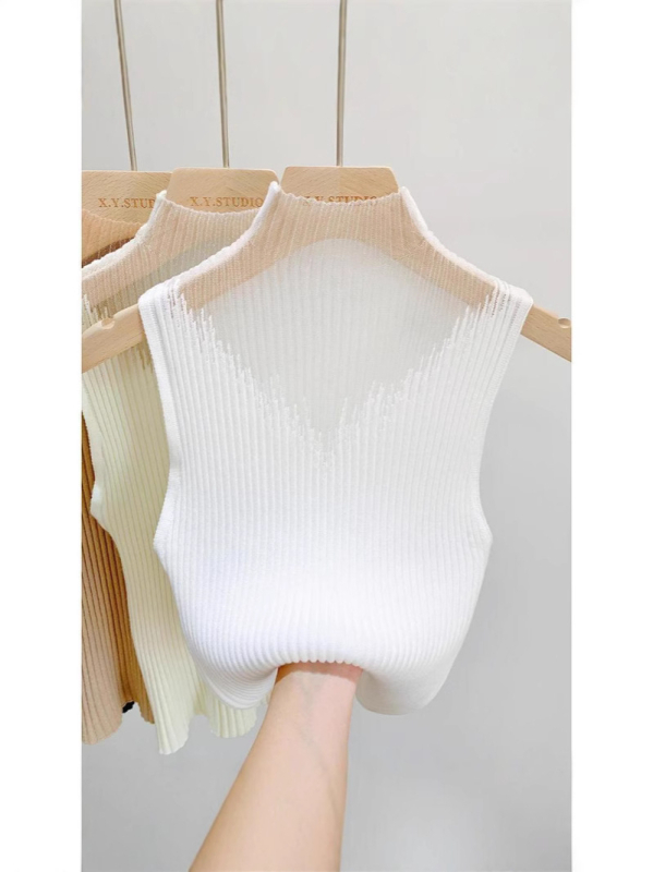 Top fără mâneci pentru femei, talie subțire, croială Slim, top scurt de vară tricotat, viscoză 70–80% (Versiune: Slim fit; Lungime: 50–65 cm; Model: Solid; Sezon: Primăvara 2025)