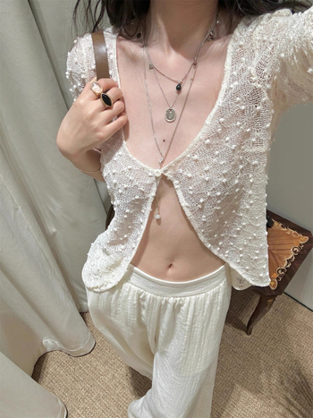 Set din două piese: cardigan tricotat dantelat cu mărgele și top camisola, poliester 95%+, lungime scurtă, vară 2024