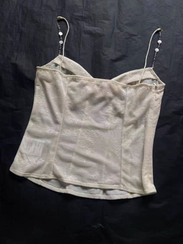 Set din două piese: cardigan tricotat dantelat cu mărgele și top camisola, poliester 95%+, lungime scurtă, vară 2024