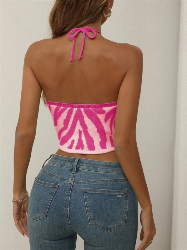 Top crop tricotat halter, model în dungi, croială slim, lungime ultra-scurtă, poliester 90–95%