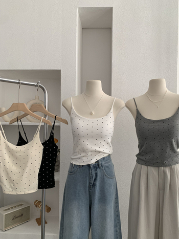 Camisolă fără mâneci cu bretele Sling; croială Slim; model cu puncte în valuri; material bumbac-poliester; elasticitate ridicată