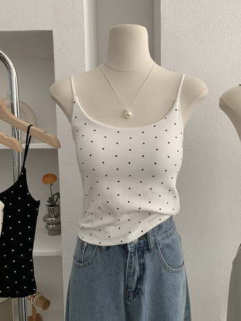 Camisolă fără mâneci cu bretele Sling; croială Slim; model cu puncte în valuri; material bumbac-poliester; elasticitate ridicată