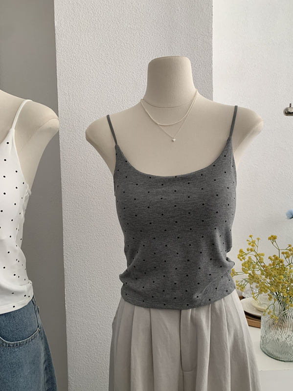 Camisolă fără mâneci cu bretele Sling; croială Slim; model cu puncte în valuri; material bumbac-poliester; elasticitate ridicată