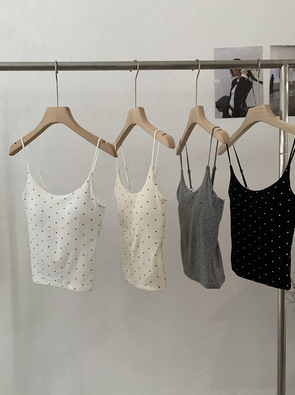 Camisolă fără mâneci cu bretele Sling; croială Slim; model cu puncte în valuri; material bumbac-poliester; elasticitate ridicată