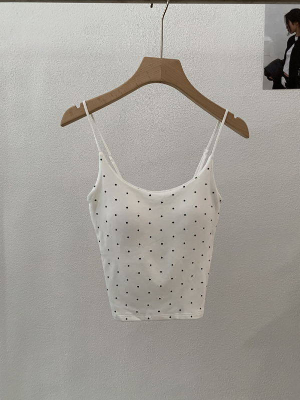 Camisolă fără mâneci cu bretele Sling; croială Slim; model cu puncte în valuri; material bumbac-poliester; elasticitate ridicată