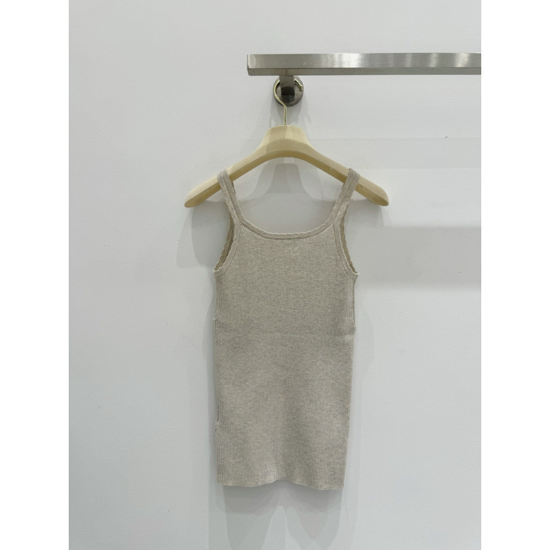 Top damă din bumbac tricotat, decolteu în V, bretele duble, textură plasă 3D, croială slim-fit