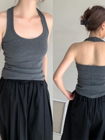 Camisolă fără mâneci cu guler halter, croială lejeră, spate decupat, poliester, lungime obișnuită 50-65 cm