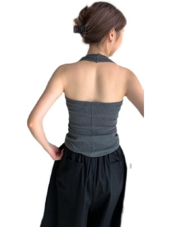 Camisolă fără mâneci cu guler halter, croială lejeră, spate decupat, poliester, lungime obișnuită 50-65 cm