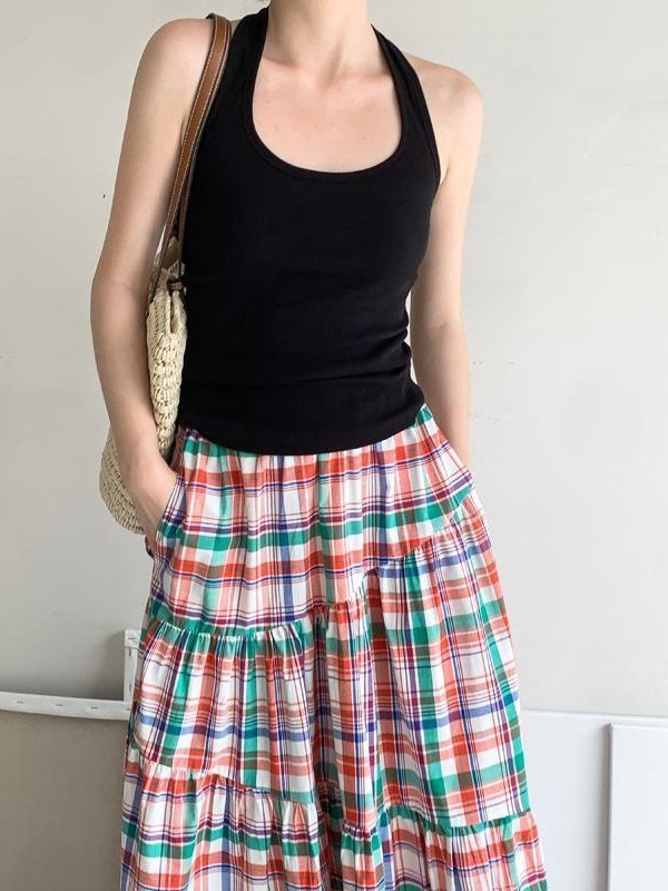 Camisolă fără mâneci cu guler halter, croială lejeră, spate decupat, poliester, lungime obișnuită 50-65 cm