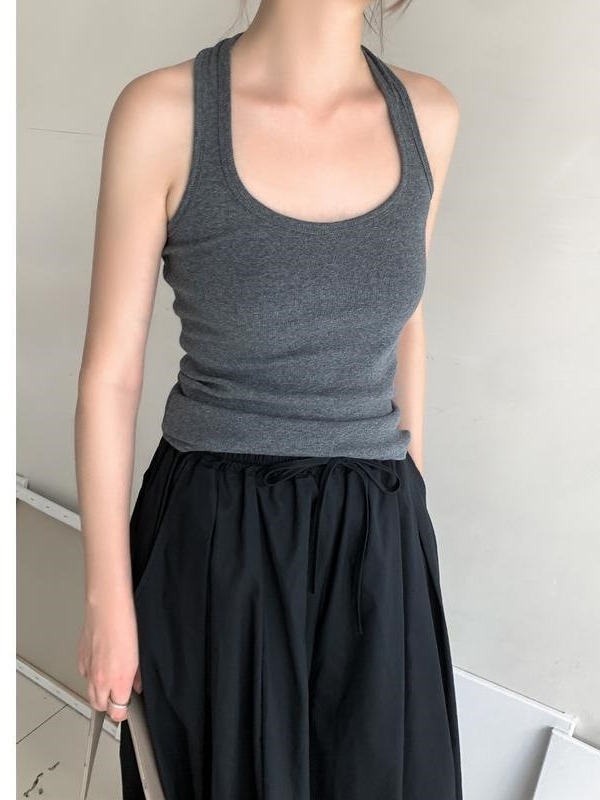 Camisolă fără mâneci cu guler halter, croială lejeră, spate decupat, poliester, lungime obișnuită 50-65 cm