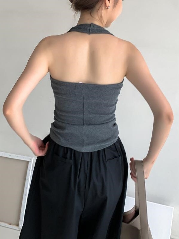 Camisolă fără mâneci cu guler halter, croială lejeră, spate decupat, poliester, lungime obișnuită 50-65 cm