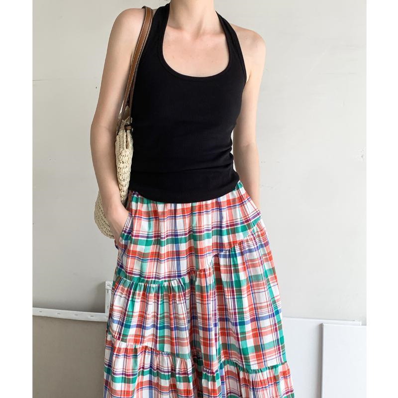 Camisolă fără mâneci cu guler halter, croială lejeră, spate decupat, poliester, lungime obișnuită 50-65 cm